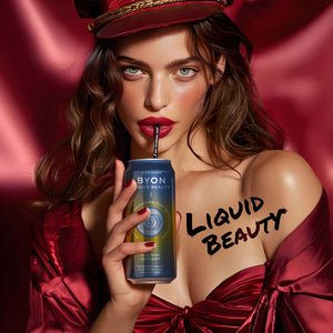 Model mit rotem Outfit und Byon Dose