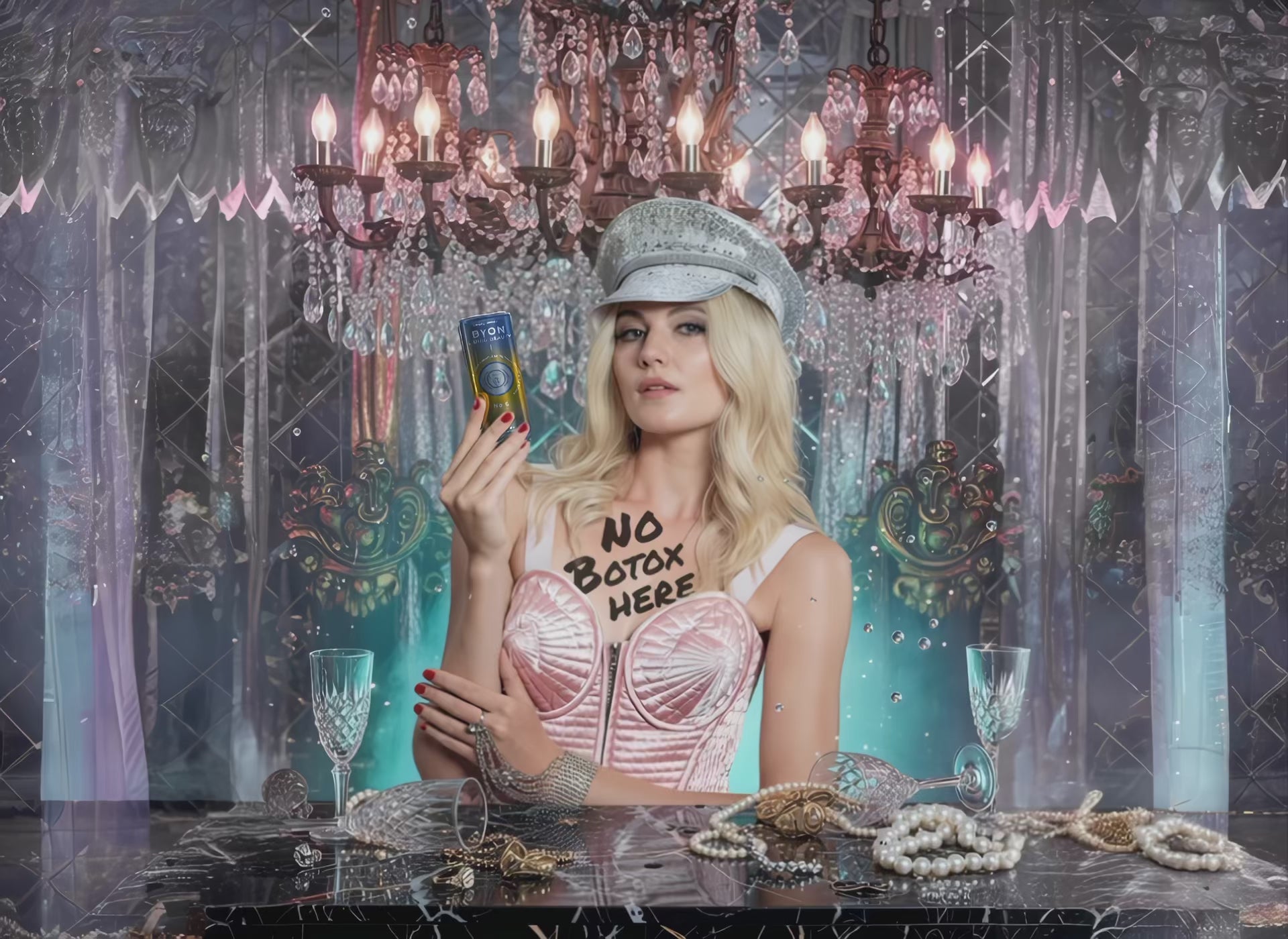 Video Model vor Kristalleuchter mit rosa Outfit und Byon Dose