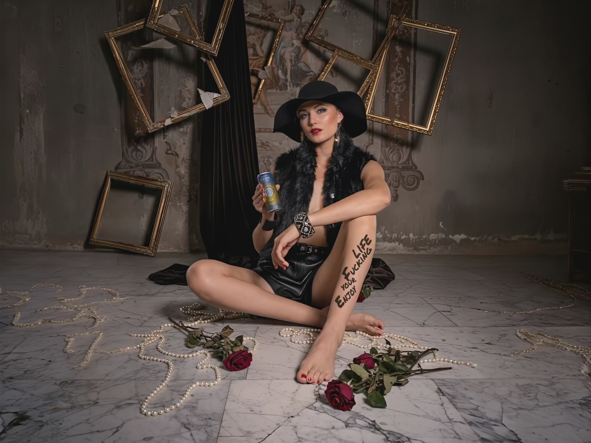 Byon Header Video Model mit schwarzem Outfit und Byon Dosen